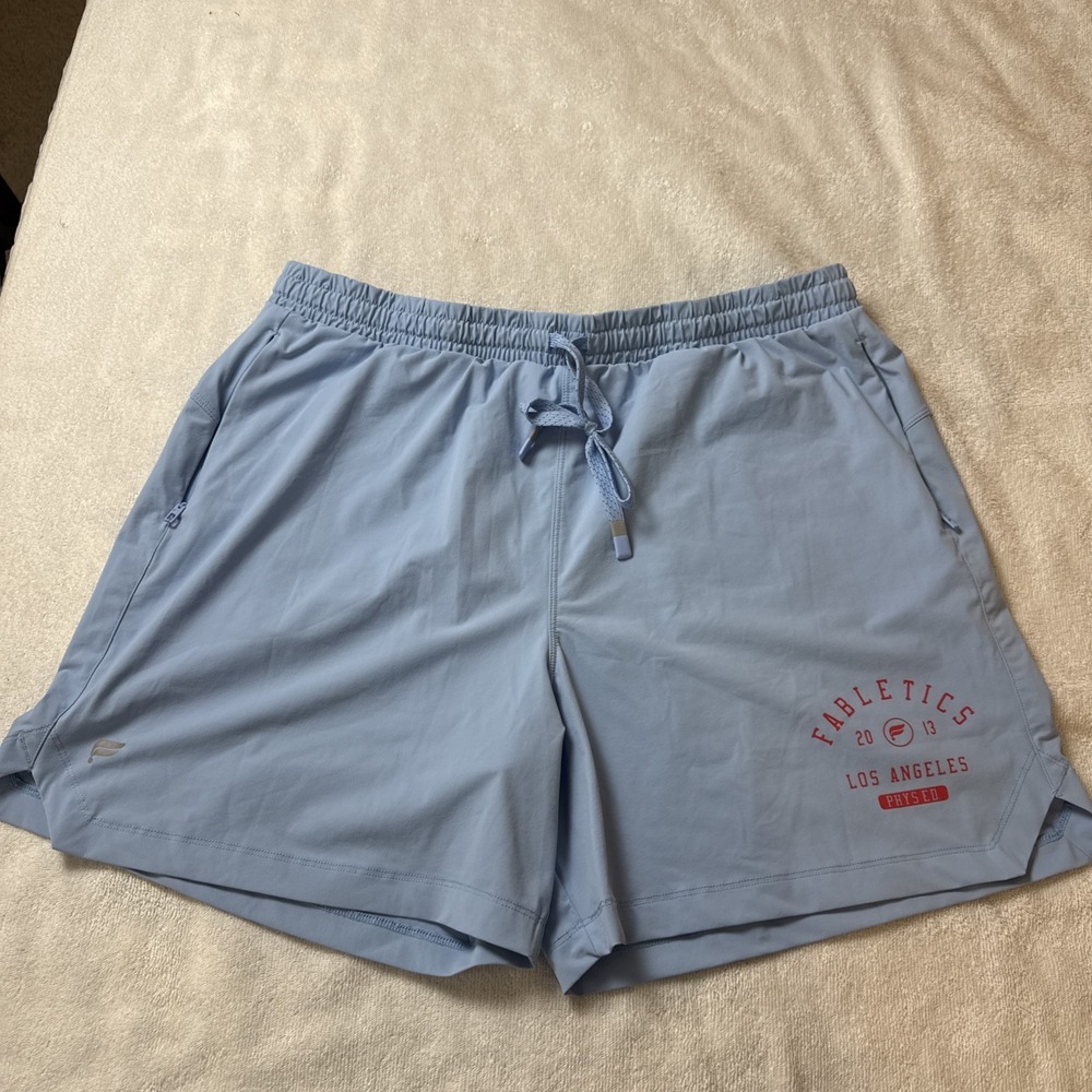 Fabletics Mens Light Blue Athletic Shorts Los Angeles Phys Ed Graphic Gym